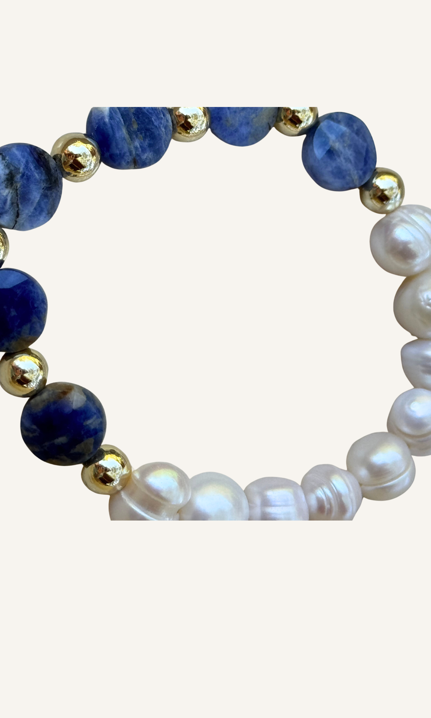 Sodalite and Freshwater Pearl stretch bracelet with gold filled spacer beads