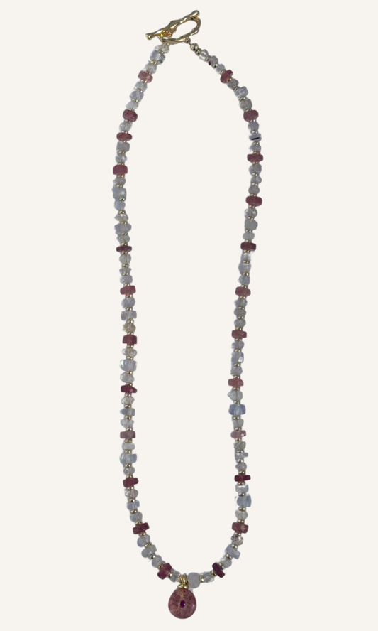 Strawberry Quartz and Rainbow Moonstone necklace with a gold filled toggle clasp and Strawberry Quartz pendant