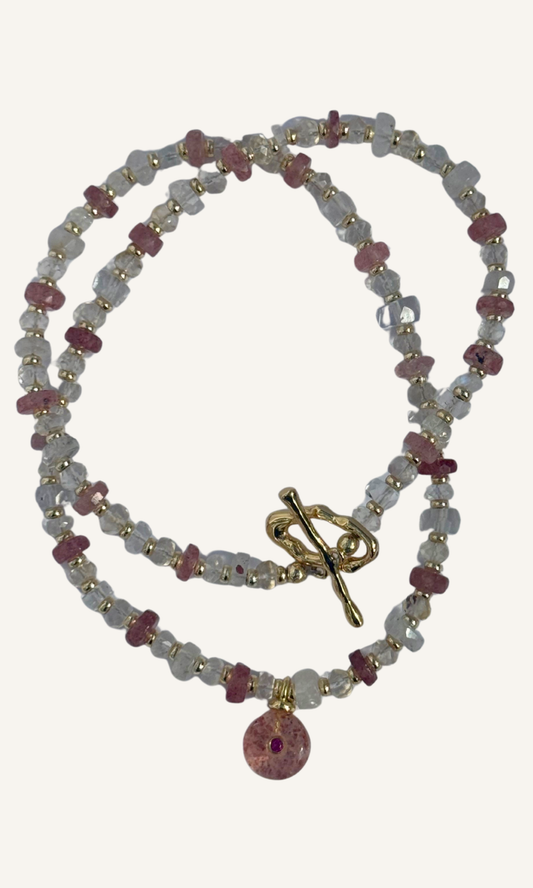 Strawberry Quartz and Rainbow Moonstone necklace with a gold filled toggle clasp and Strawberry Quartz pendant