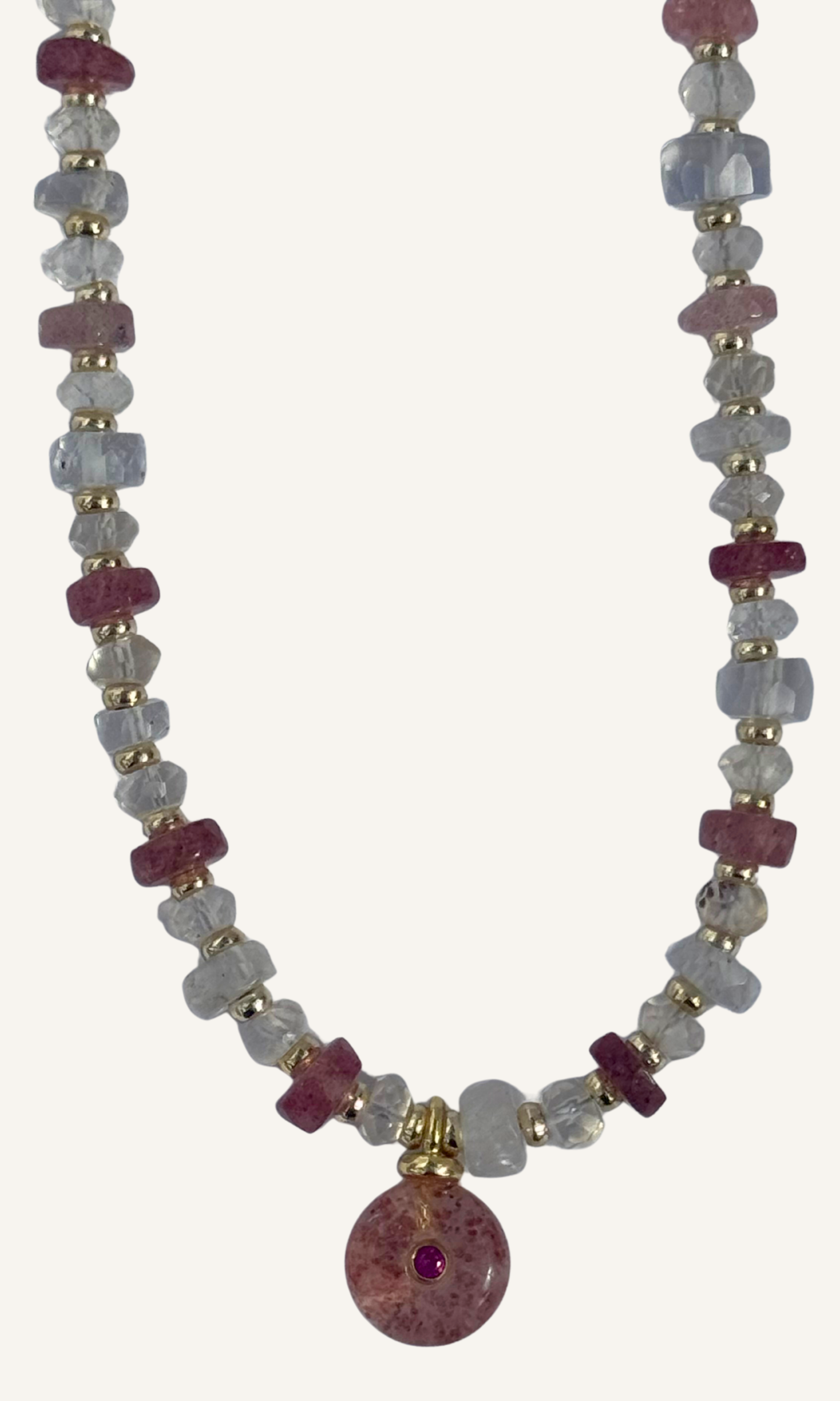 Strawberry Quartz and Rainbow Moonstone necklace with a gold filled toggle clasp and Strawberry Quartz pendant