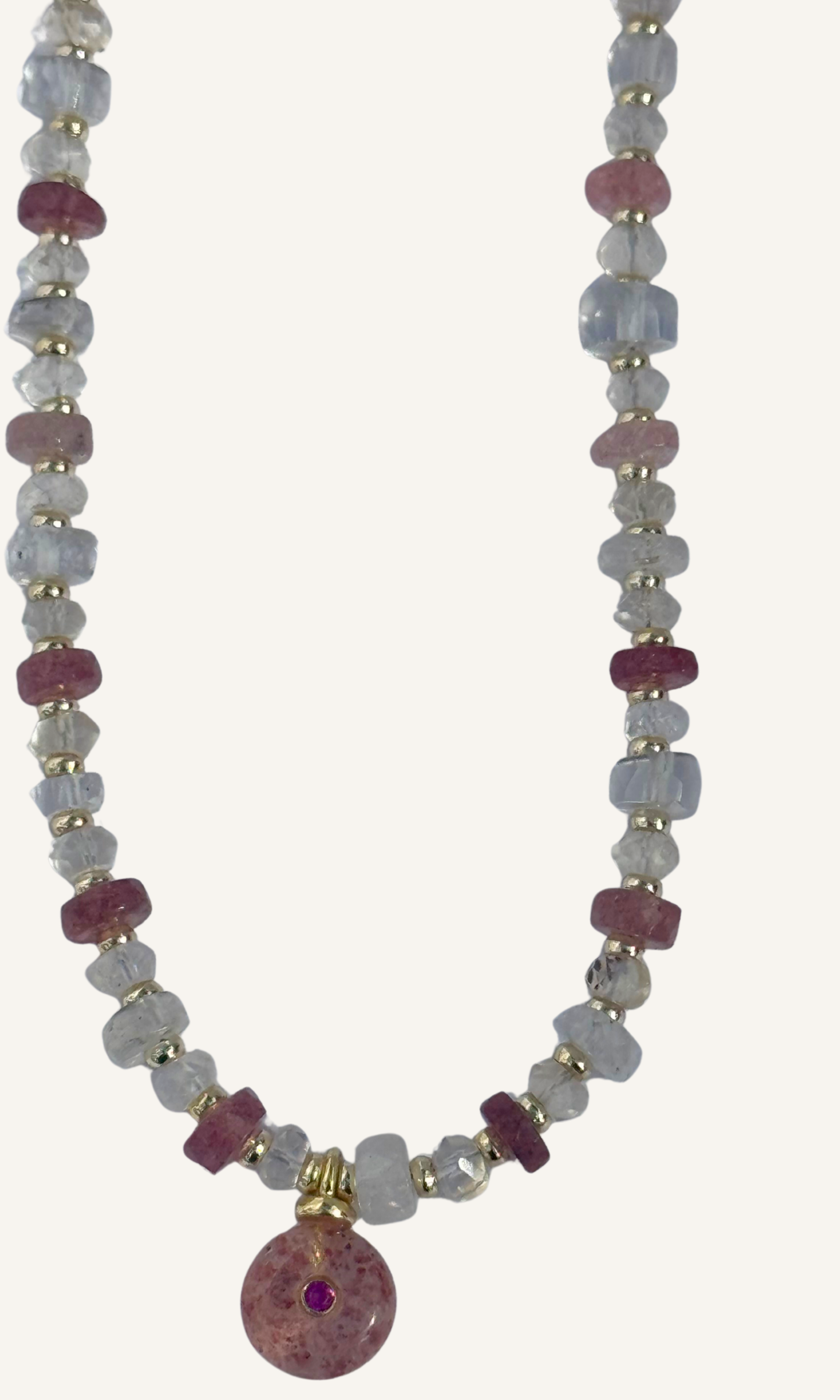 Strawberry Quartz and Rainbow Moonstone necklace with a gold filled toggle clasp and Strawberry Quartz pendant