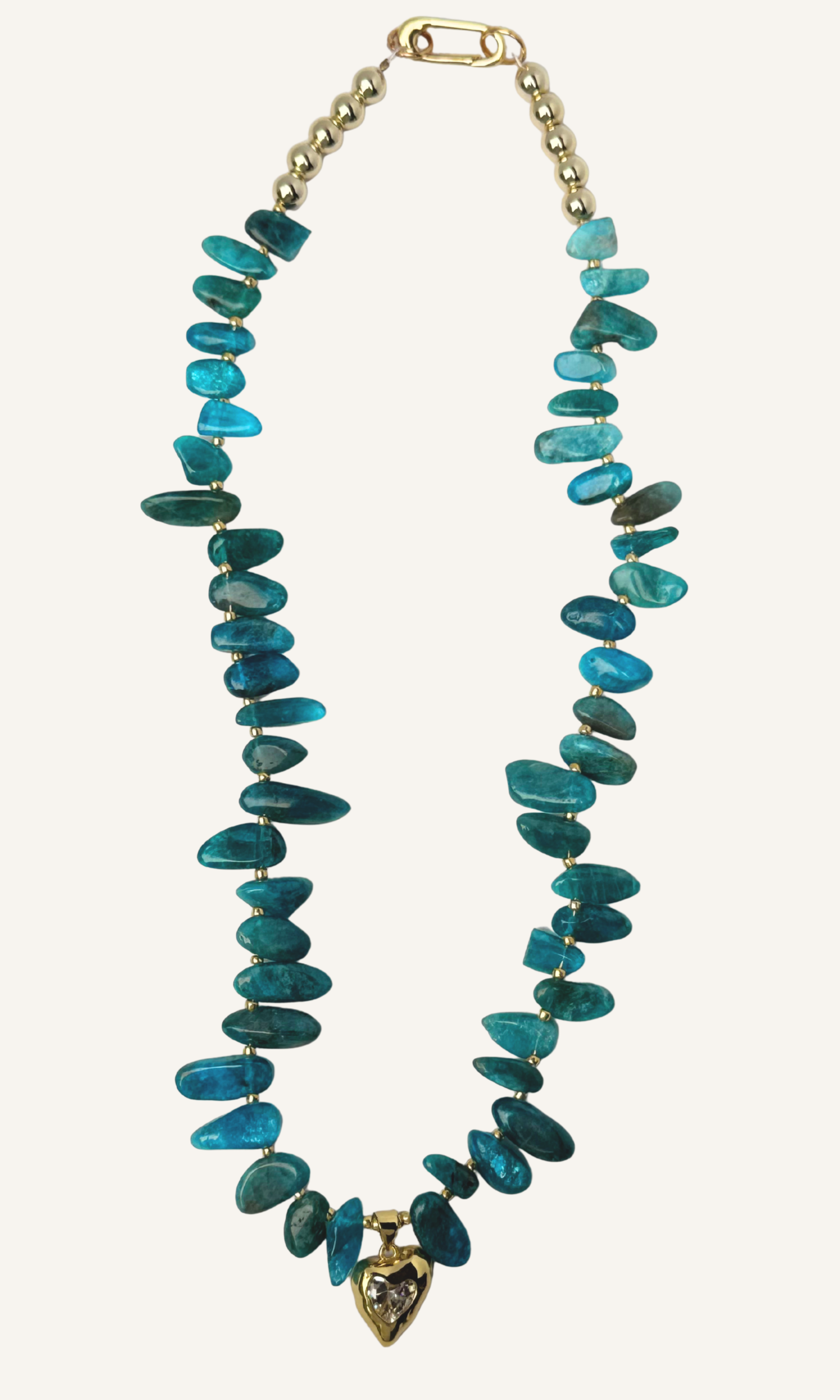 Teal blue Apatite necklace with hammered gold CZ heart charm, gold filled findings, and and a push gate clasp