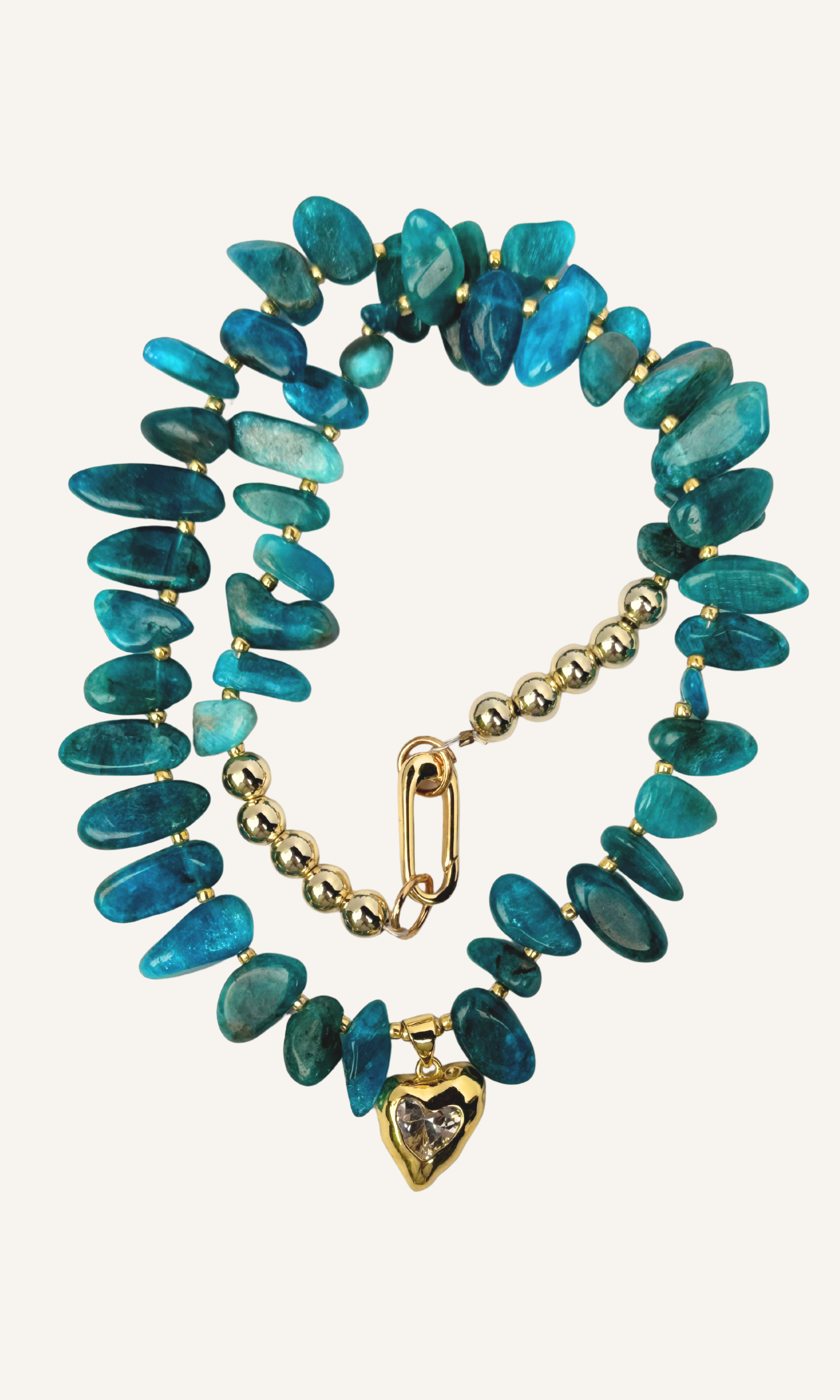 Teal blue Apatite necklace with hammered gold CZ heart charm, gold filled findings, and and a push gate clasp