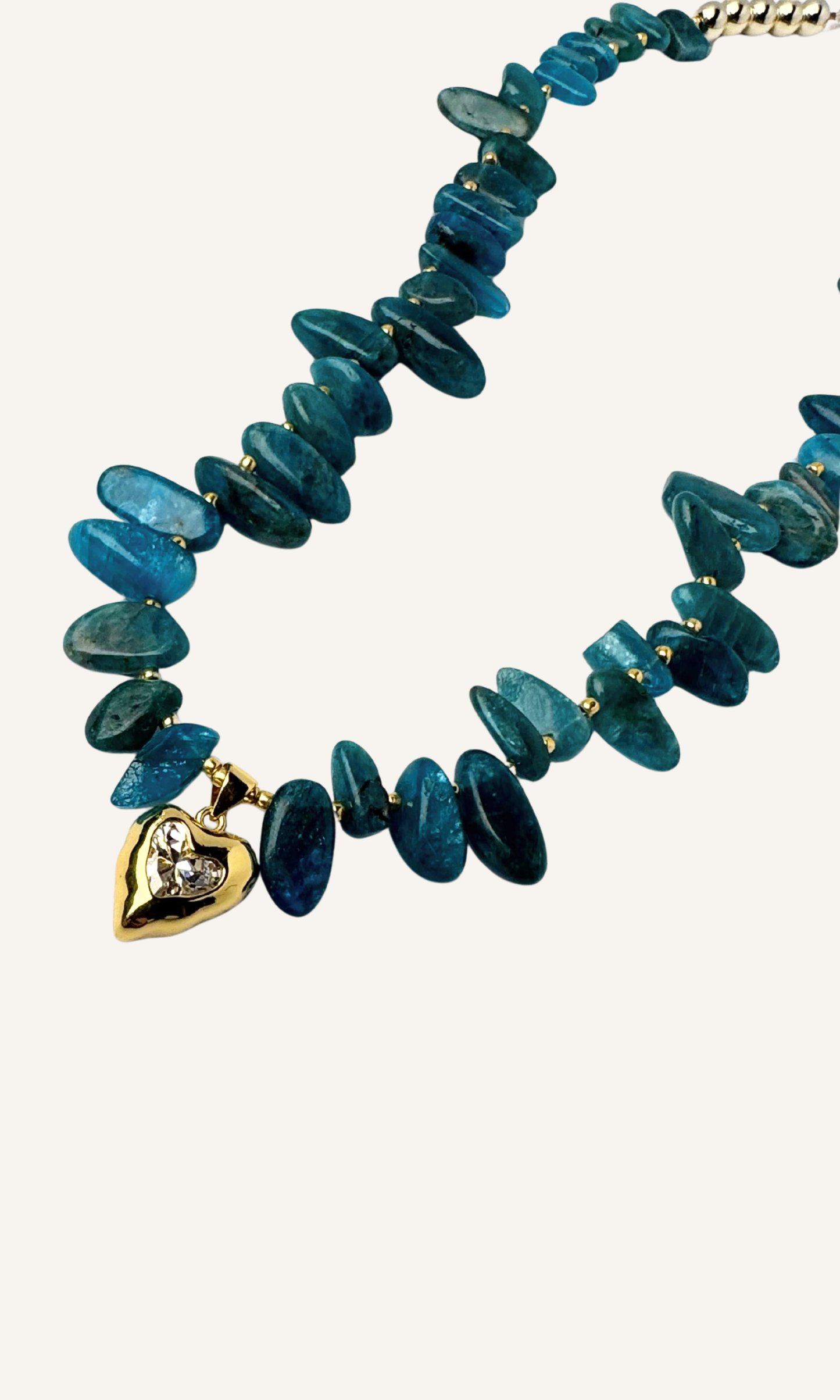 Teal blue Apatite necklace with hammered gold CZ heart charm, gold filled findings, and and a push gate clasp