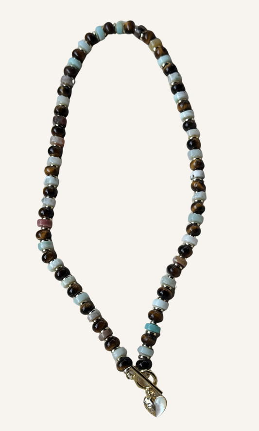 Tiger's Eye and Amazonite necklace with Mother of Pearl and CZ heart charm, gold filled findings, and a toggle closure