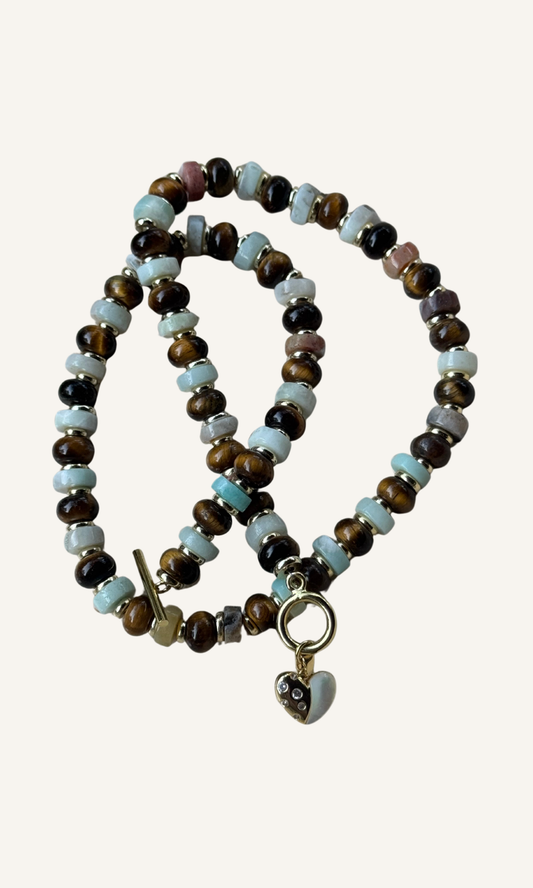 Tiger's Eye and Amazonite necklace with Mother of Pearl and CZ heart charm, gold filled findings, and a toggle closure