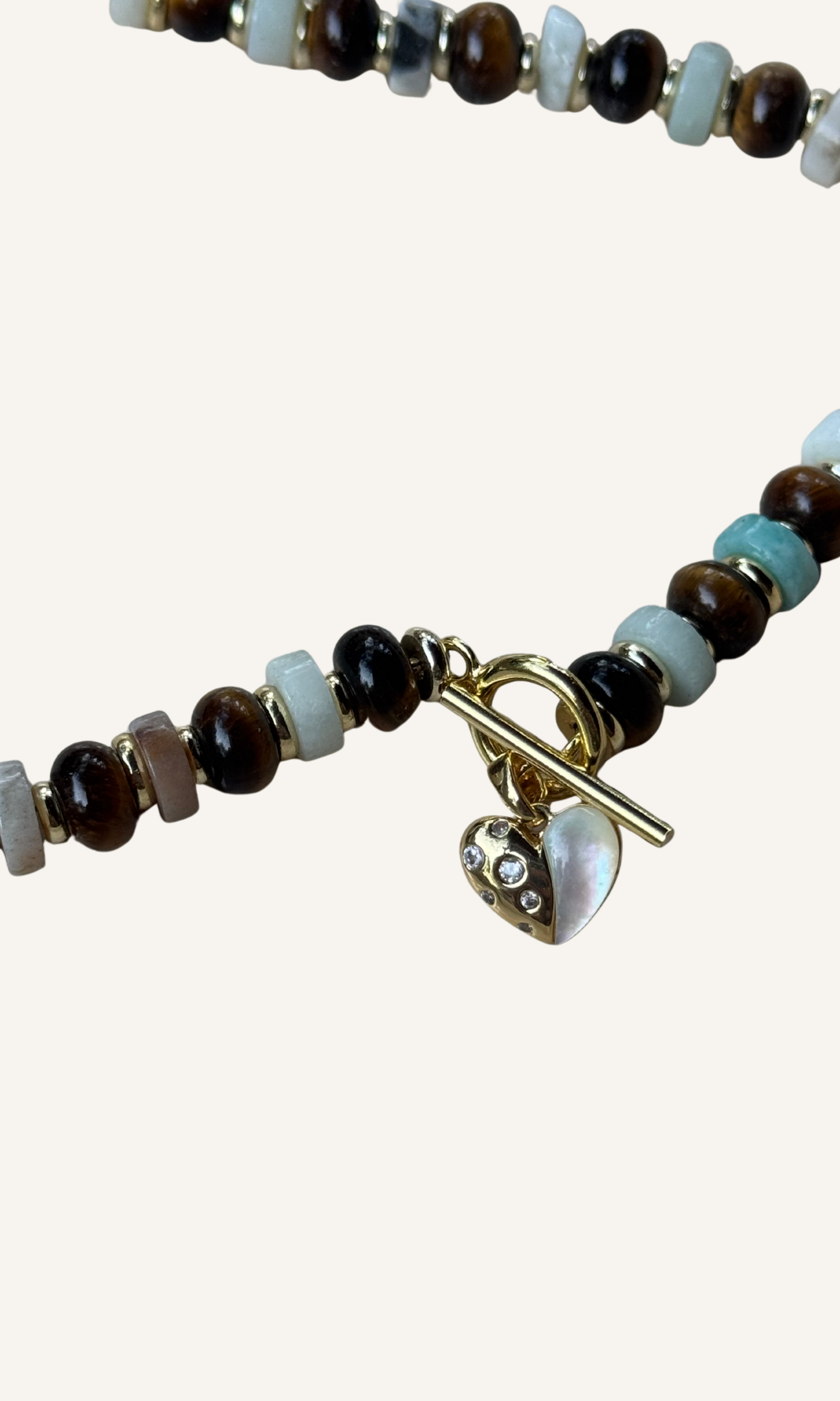 Tiger's Eye and Amazonite necklace with Mother of Pearl and CZ heart charm, gold filled findings, and a toggle closure