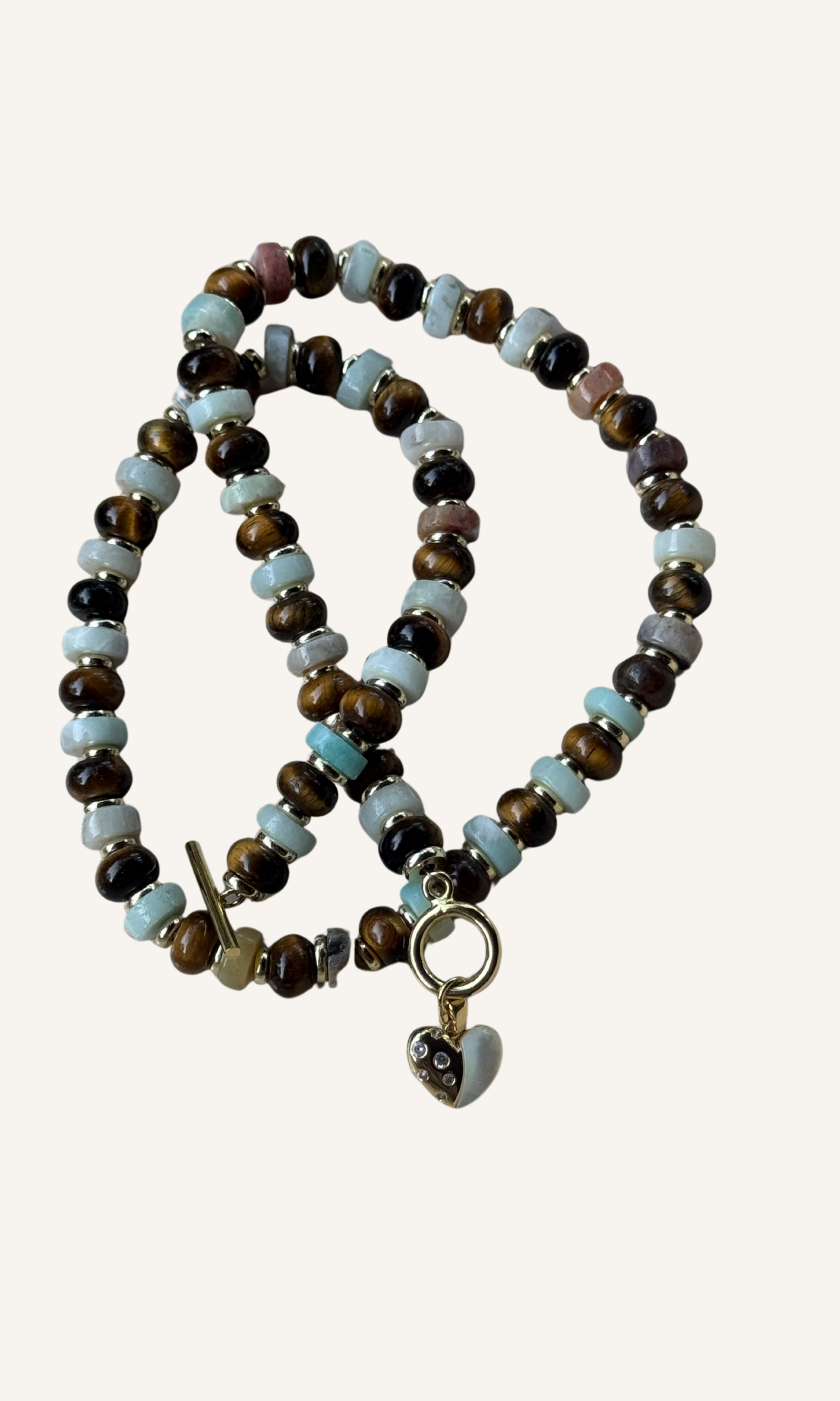 Tiger's Eye and Amazonite necklace with Mother of Pearl and CZ heart charm, gold filled findings, and a toggle closure