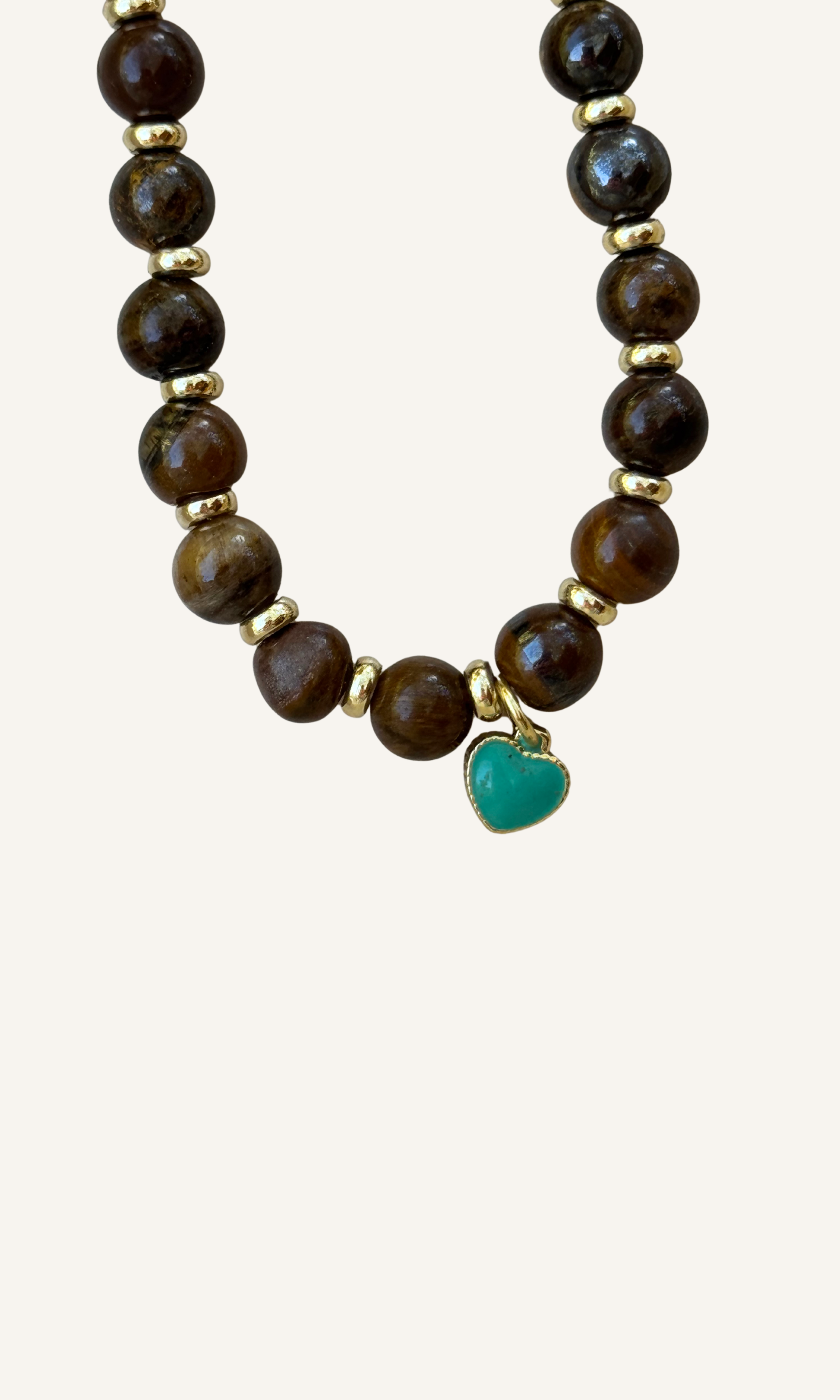 Tigers Eye necklace with dainty gold filled and turquoise colored enamel heart charm and a toggle closure