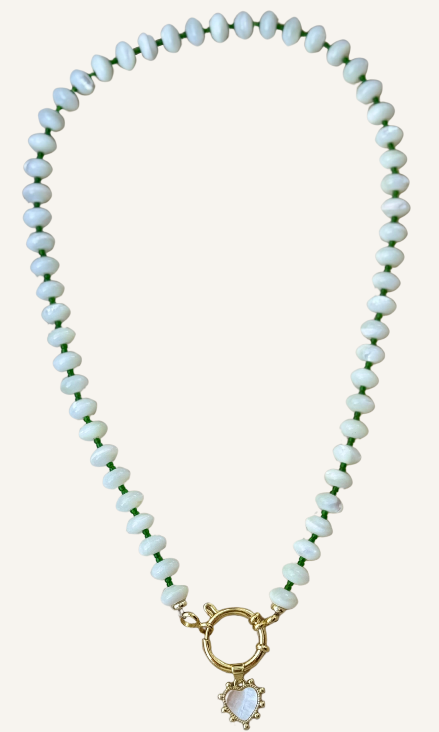 White Mother of Pearl candy-style necklace with custom color spacer beads, Mother of Pearl heart charm, gold filled findings, and sailor clasp