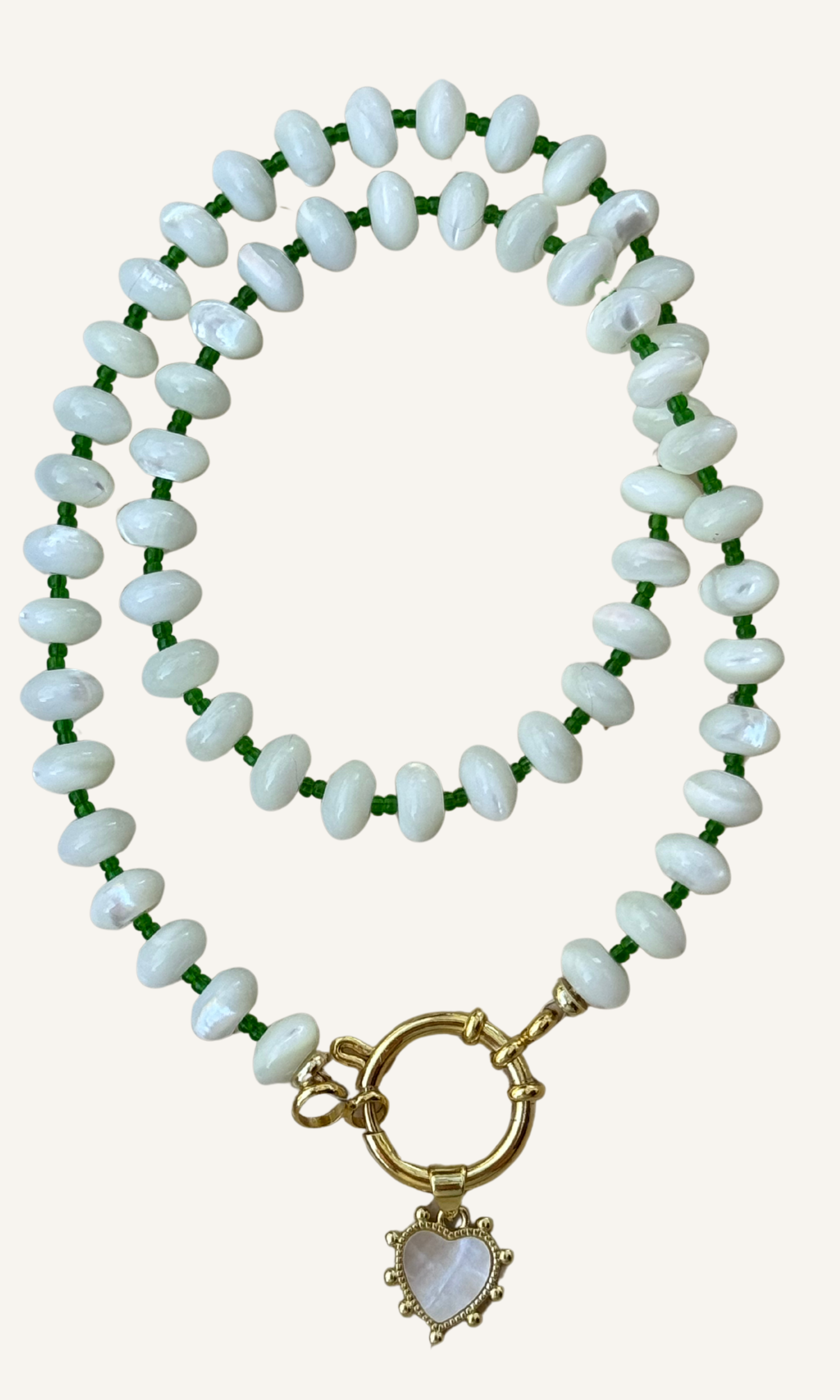 White Mother of Pearl candy-style necklace with custom color spacer beads, Mother of Pearl heart charm, gold filled findings, and sailor clasp
