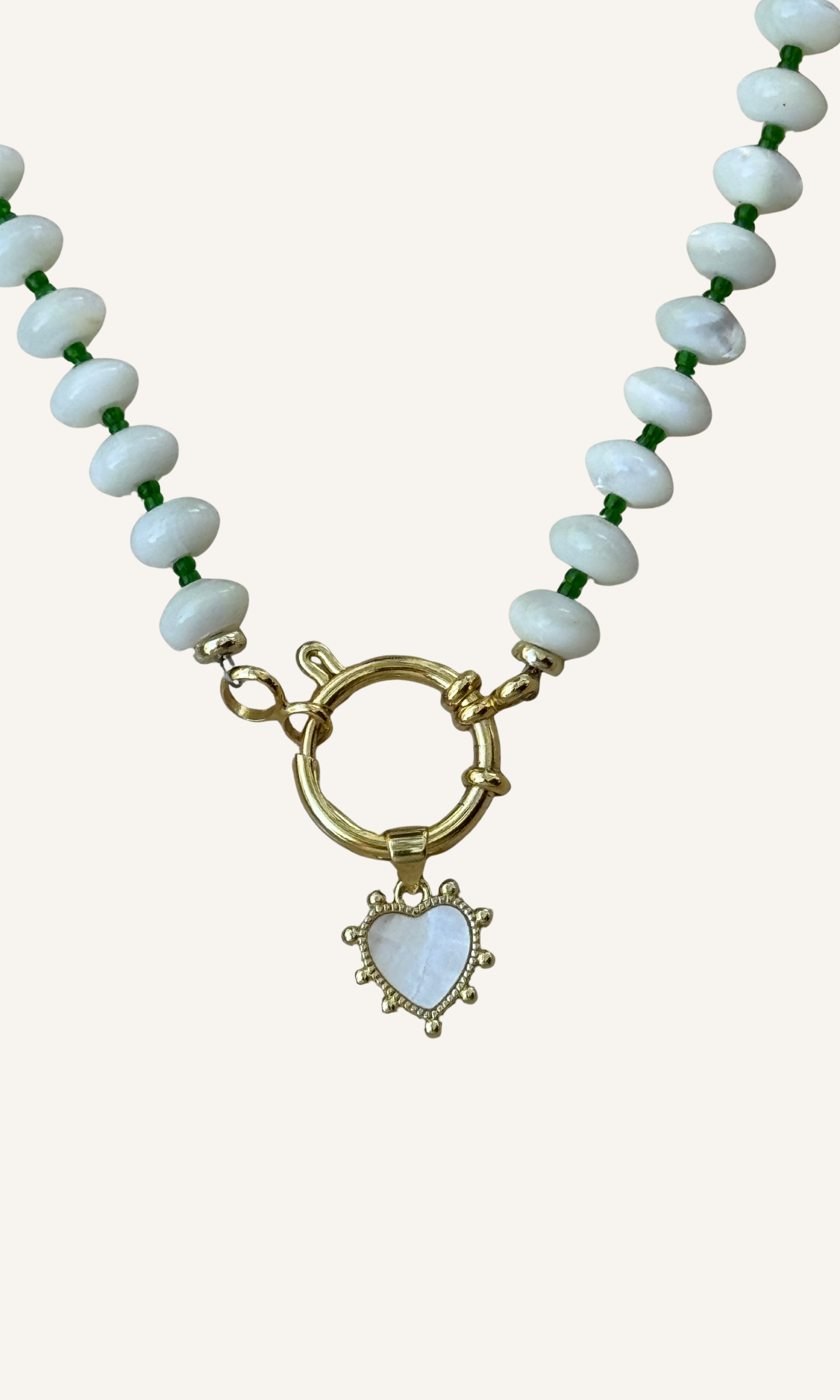 White Mother of Pearl candy-style necklace with custom color spacer beads, Mother of Pearl heart charm, gold filled findings, and sailor clasp