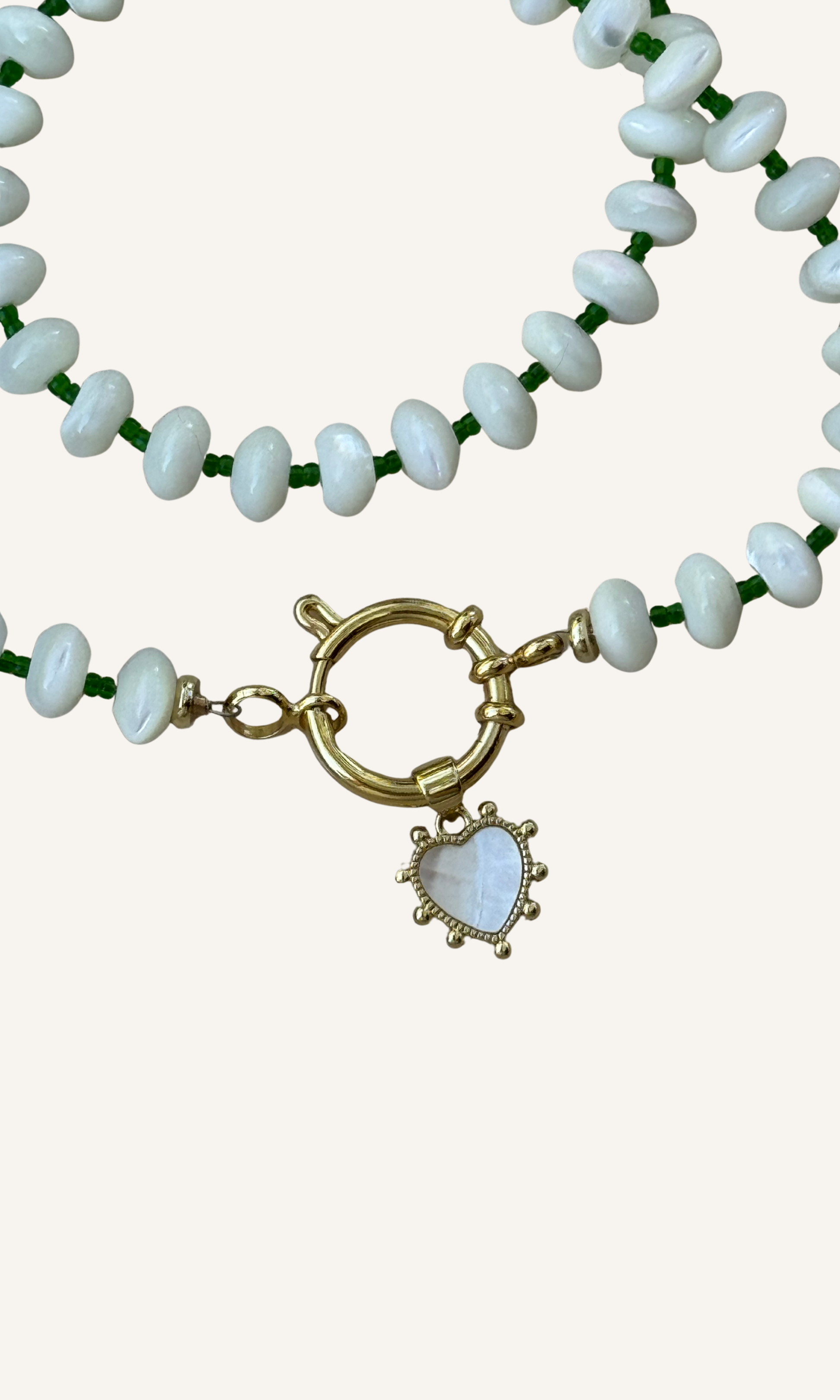 White Mother of Pearl candy-style necklace with custom color spacer beads, Mother of Pearl heart charm, gold filled findings, and sailor clasp