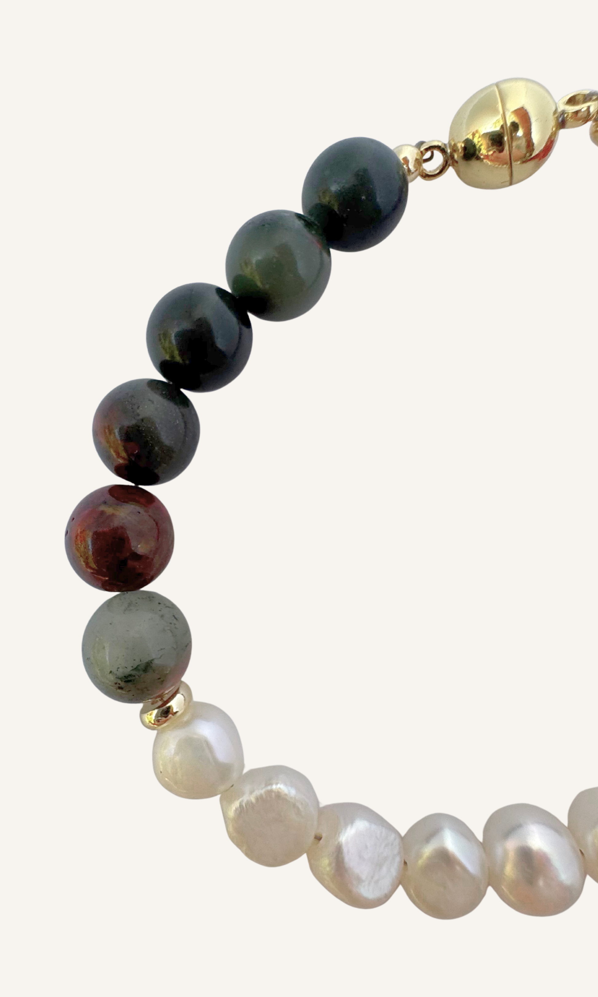 African Bloodstone, Strawberry Quartz, and Freshwater Pearl bracelet with a gold filled magnetic clasp