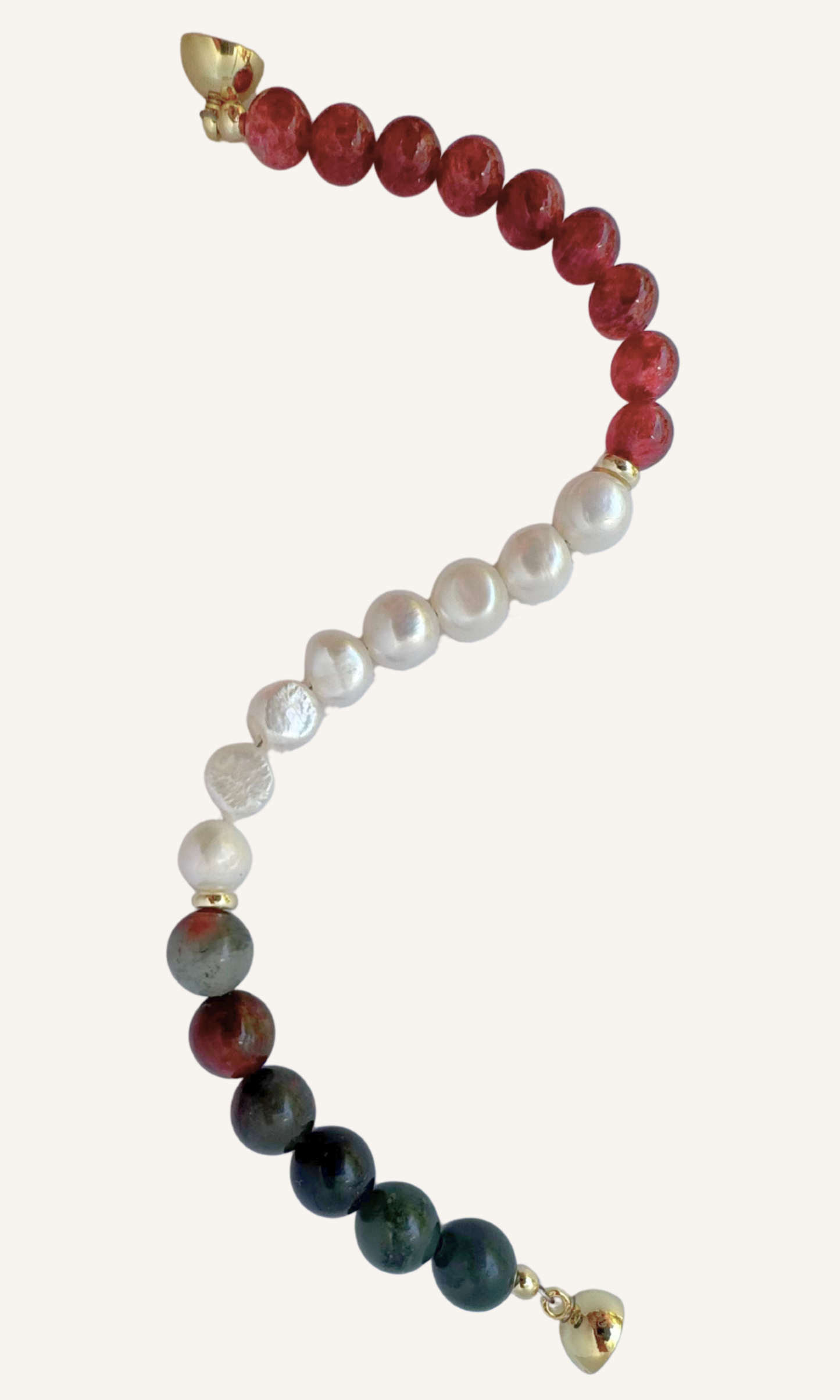 African Bloodstone, Strawberry Quartz, and Freshwater Pearl bracelet with a gold filled magnetic clasp