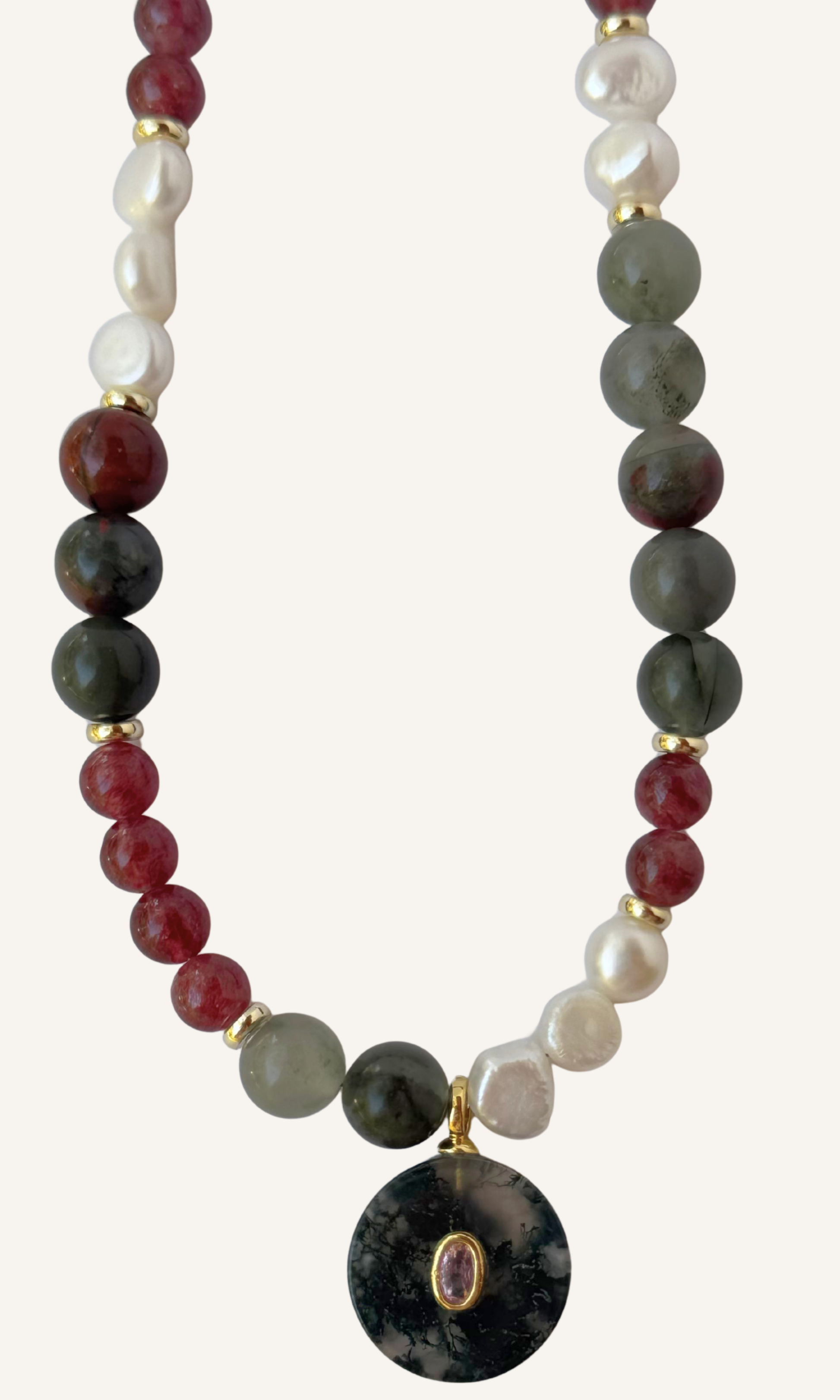African Bloodstone, Strawberry Quartz, and Freshwater Pearl necklace with a Green Agate and Pink Cubic Zirconia charm, gold filled findings, and a toggle clasp