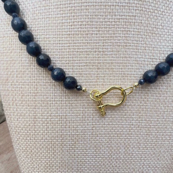 Video of Midnight Jade and Blue Sapphire necklace with gold filled hardware including a horsebit connector and magnetic closure