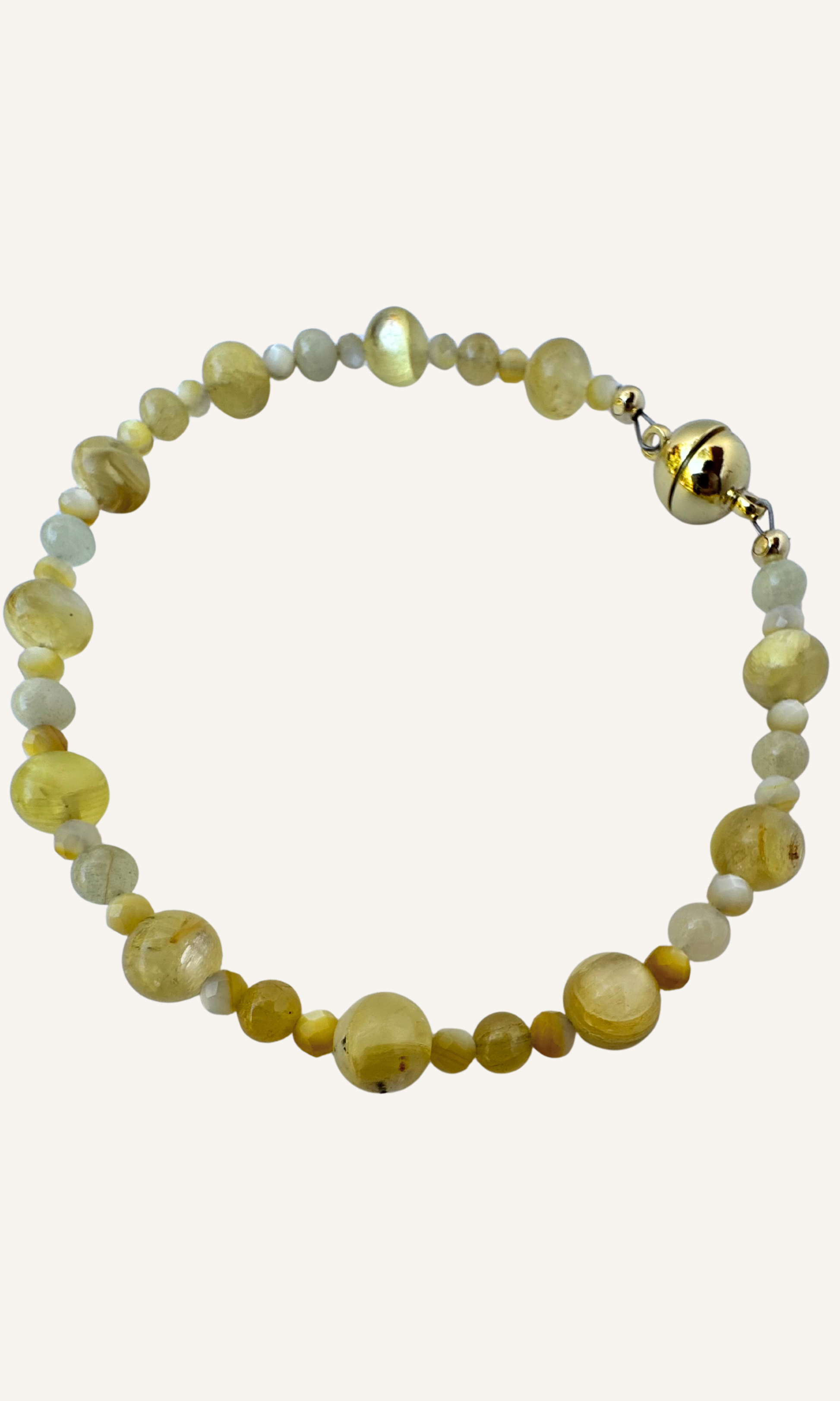 Multi-Gemstone bracelet with Golden Mother of Pearl, Yellow Aquamarine, Golden Lepidolite, and a gold filled magnetic clasp