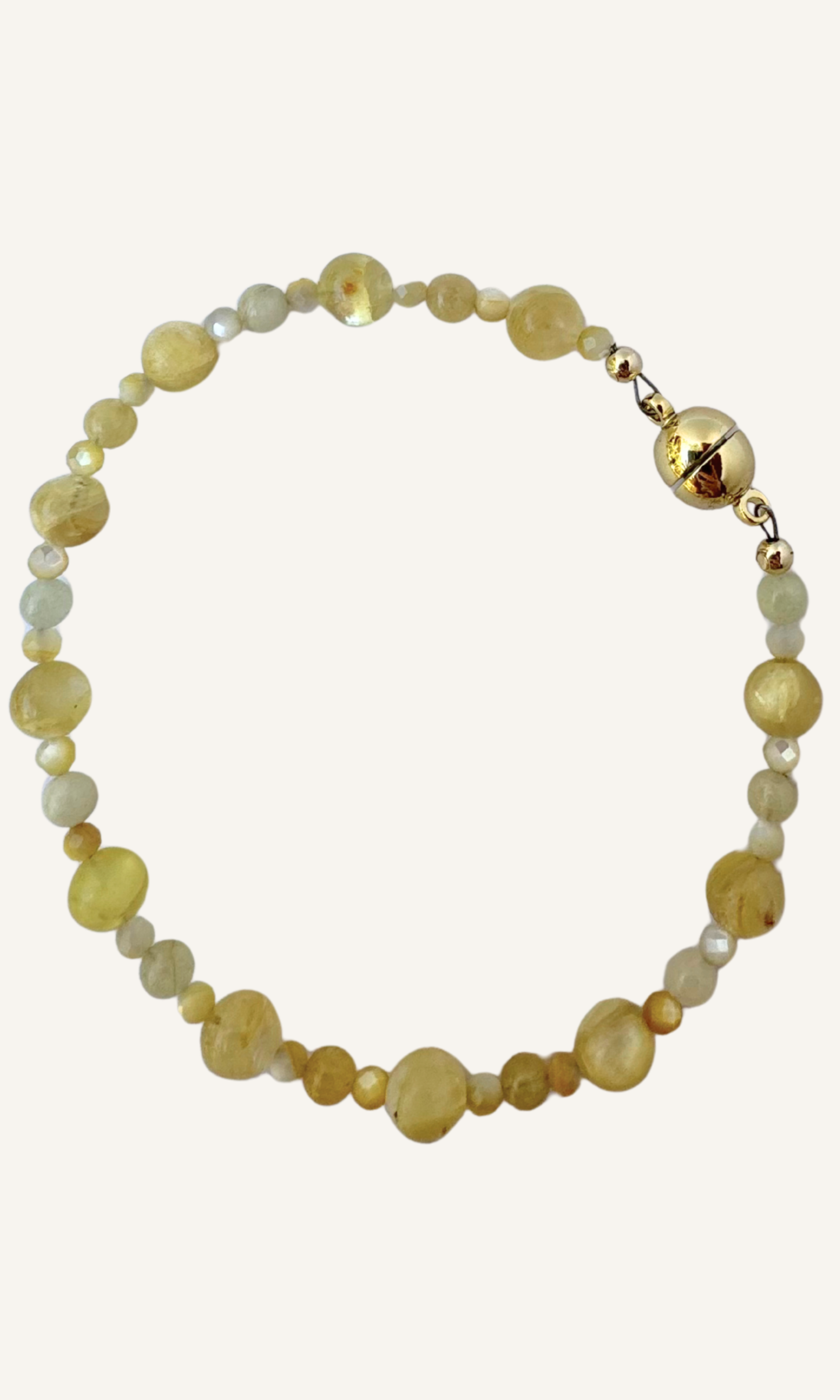 Multi-Gemstone bracelet with Golden Mother of Pearl, Yellow Aquamarine, Golden Lepidolite, and a gold filled magnetic clasp 
